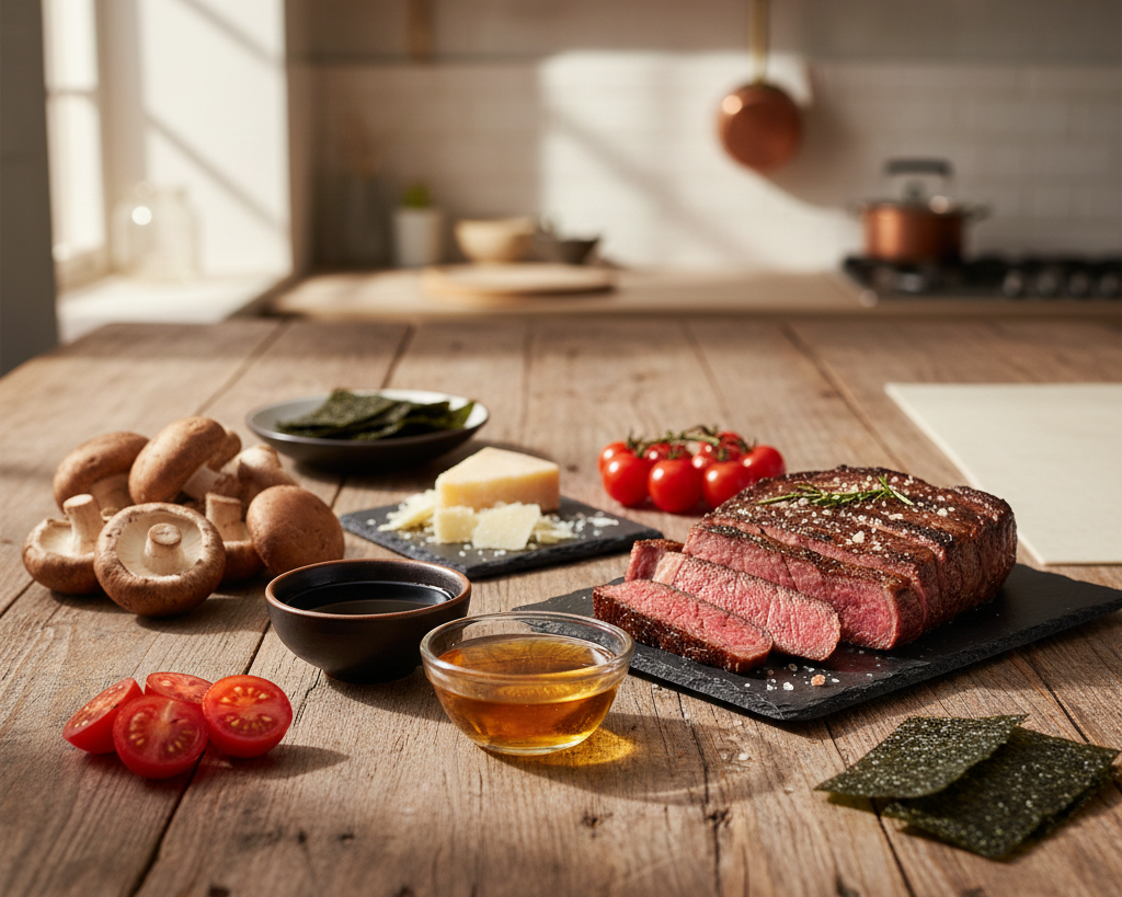 Potraviny bohaté na umami – hovězí maso, houby, rajčata, sýr a mořské řasy